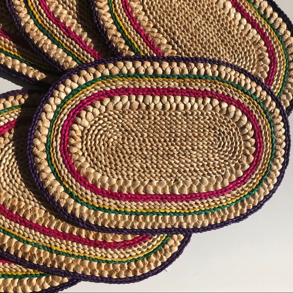 Vintage Set of 6 Multicolour Braided Woven Straw Oval Place Mats Boho - Picture 3 of 6